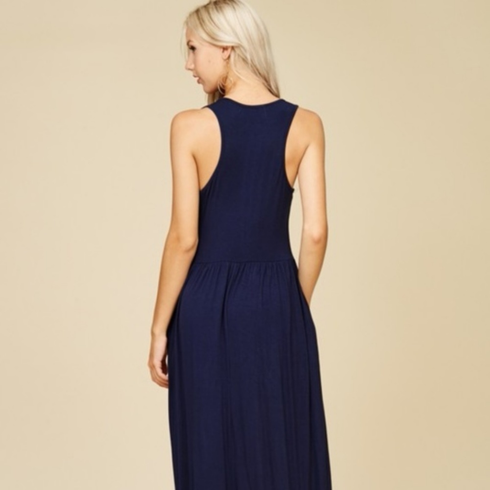 Racer Back Pleated Loose Solid Long Dress - Picture 3 of 3